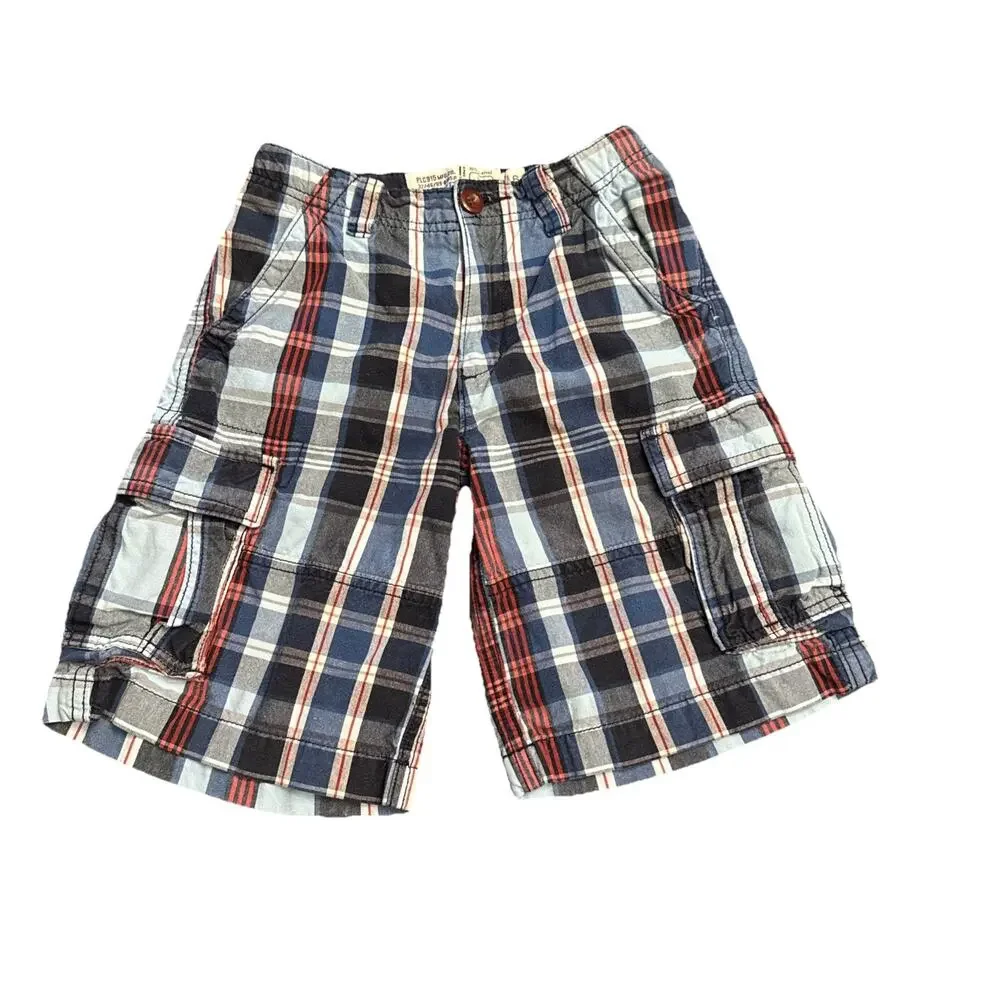 Children's Place Boys 100% Cotton Cargo Shirt Blue Gray Red Plaid Size 6 EUC